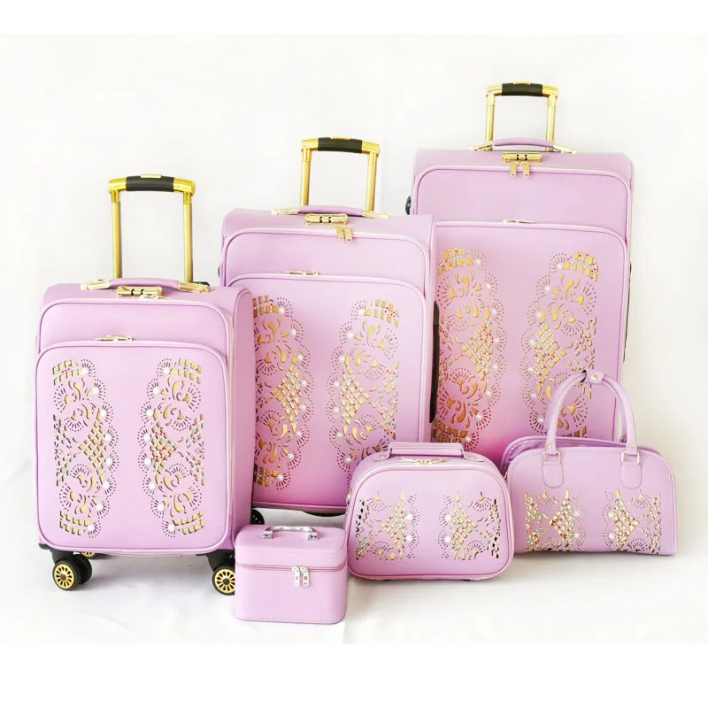 6 pcs set pvc leather trolley bags valise on wheels tote bag cosmetic roller luggage bag