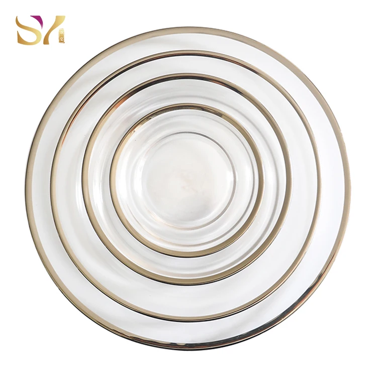 Wholesale clear and rose charger plate Crystal gold rim  luxury  Glass Dinner Plates set for  wedding