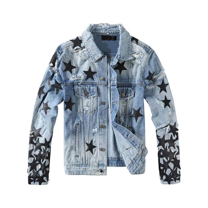 2022 Custom Design Jean Jacket men Pattern Printed Pentagram denim jacket broken hole print gradient washed jacket for man
