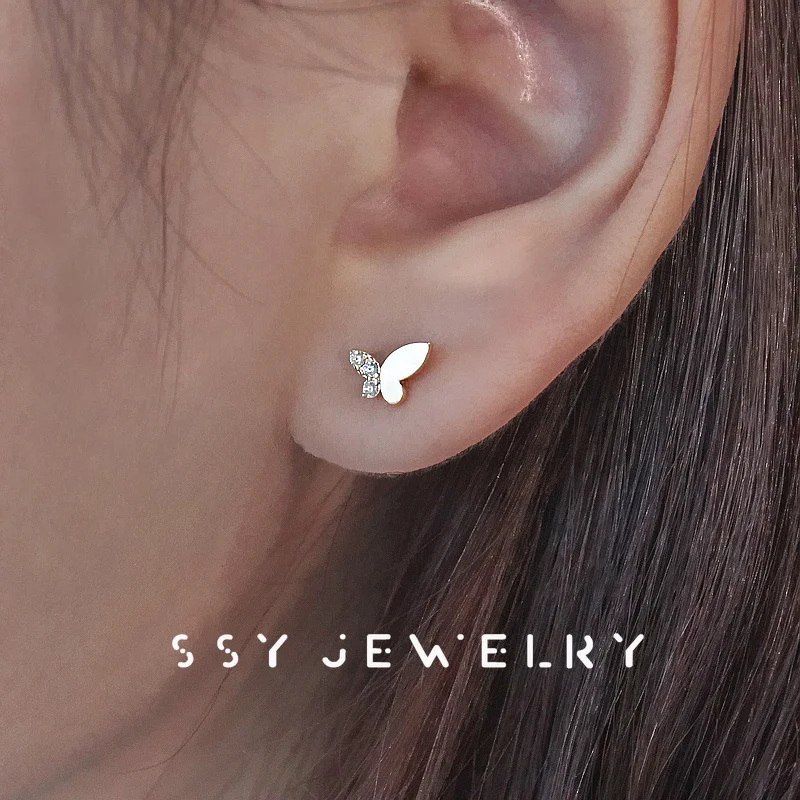 KREH45 S925 Sterling Silver Plated 14K Gold Butterfly Earrings Japanese Korean Style Zircon Inlaid Super Immortal Jewelry