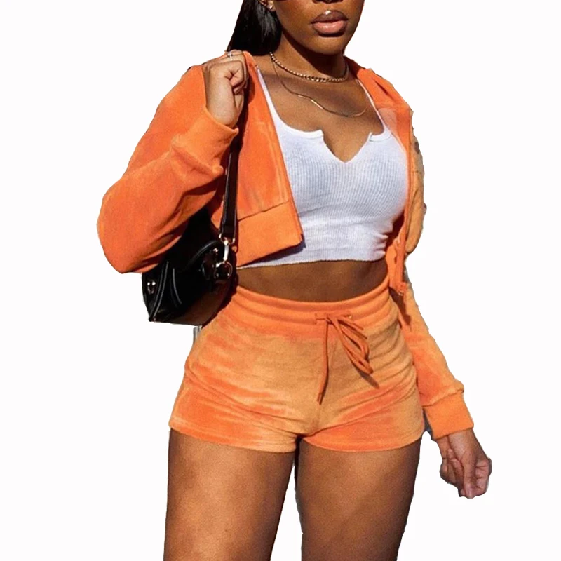 Женский бархатный комплект из двух предметов, женская одежда, свитшот, укороченный топ и шорты, повседневный спортивный костюм, комплект одежды для дам, 2020