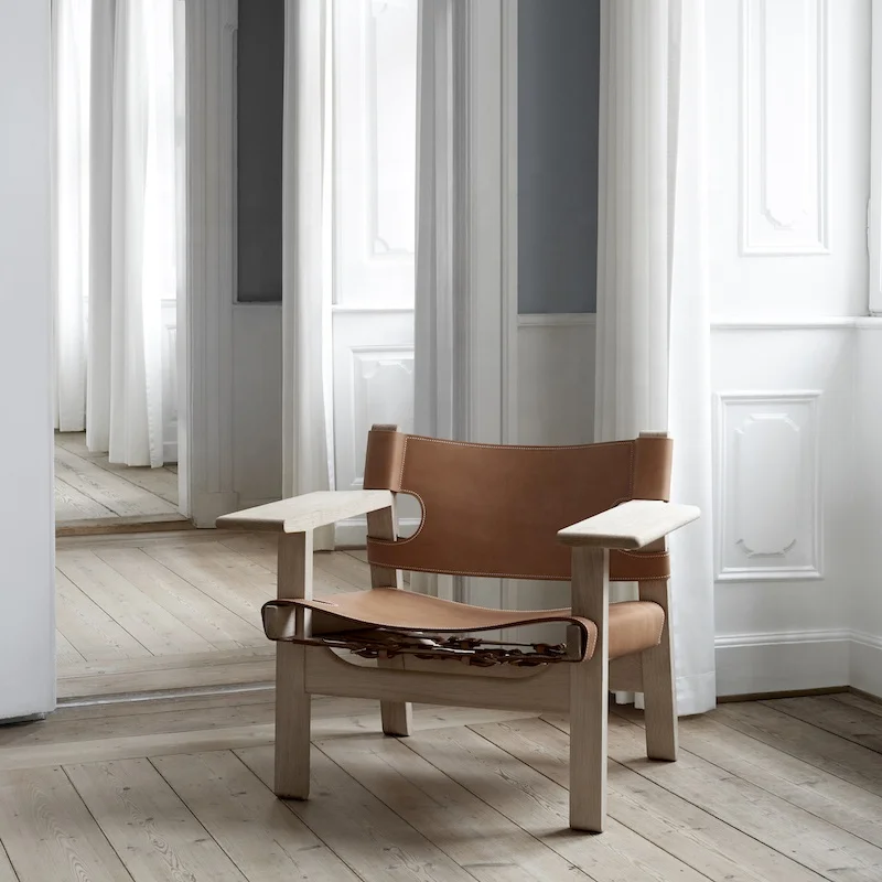 Living Room Vegetable Tanned Saddle Genuine Leather Danish Design Lounge Chair Armchair Soap White Walnut Wood OAK Spanish Chair