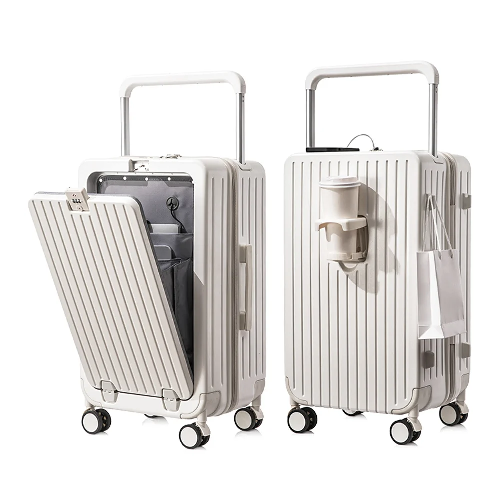 Wholesale Wide Trolley Luggage Multifunction Front Open Suitcase with Laptop Cup Holder and USB Charging Port
