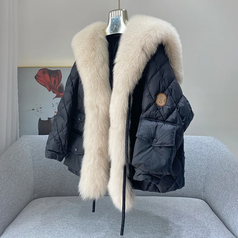 2021 hot big real fox fur collar coat oversize white duck down jacket plus fur winter outfit fur coat