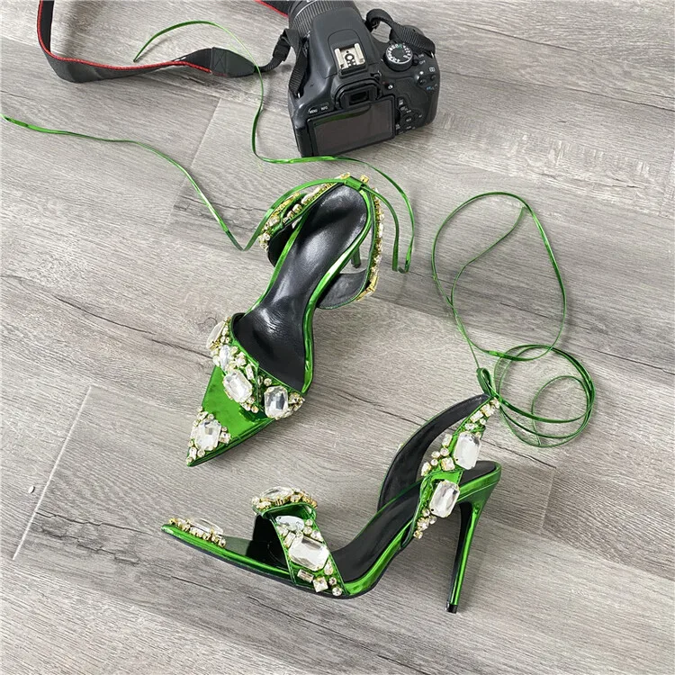 Rhinestone fashion 2022 new high heeled pointed bride wedding shoes women crystal stiletto sandals rope sandal