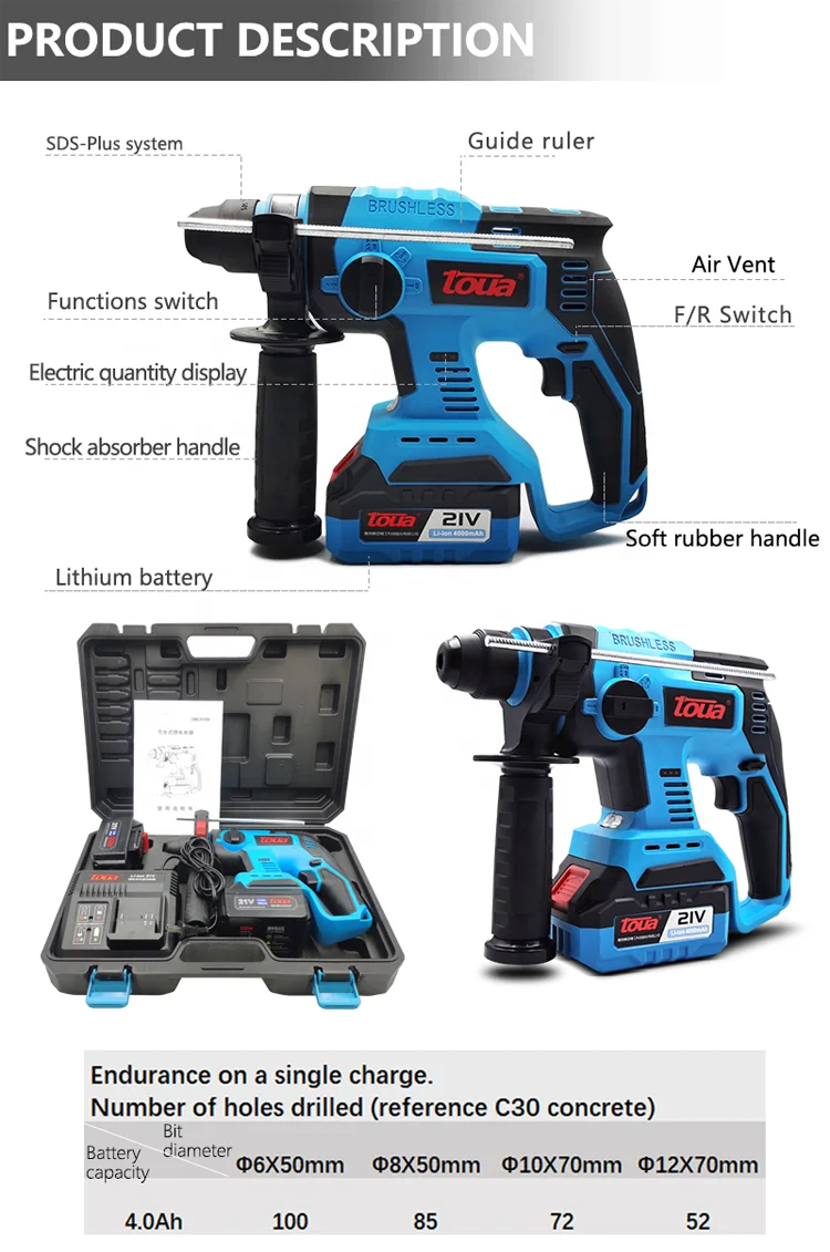 21V Brushless Electric Wireless Power Hammer Drill for Construction Industry 22mm Max Drilling Diameter Cordless Battery Power