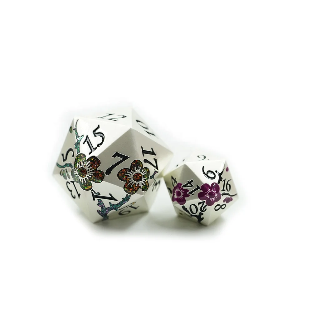 DND RPG custom polyhedral 33mm metal flower dice mica