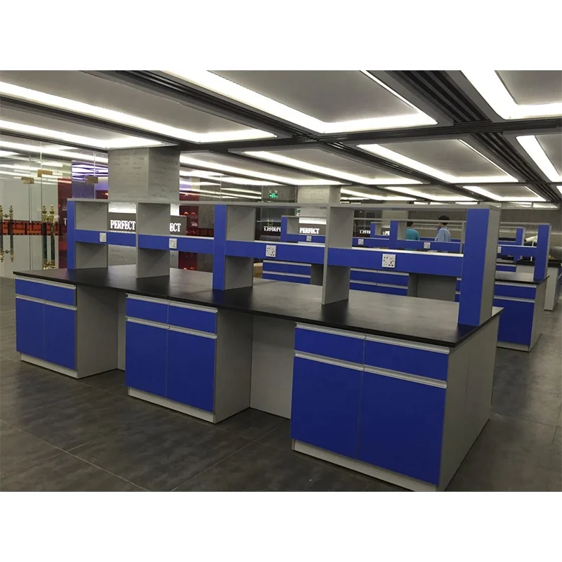 Modern Laboratory Wooden Island Bench Wooden Laboratory  Work Bench with Shelf on Top and PP Sink