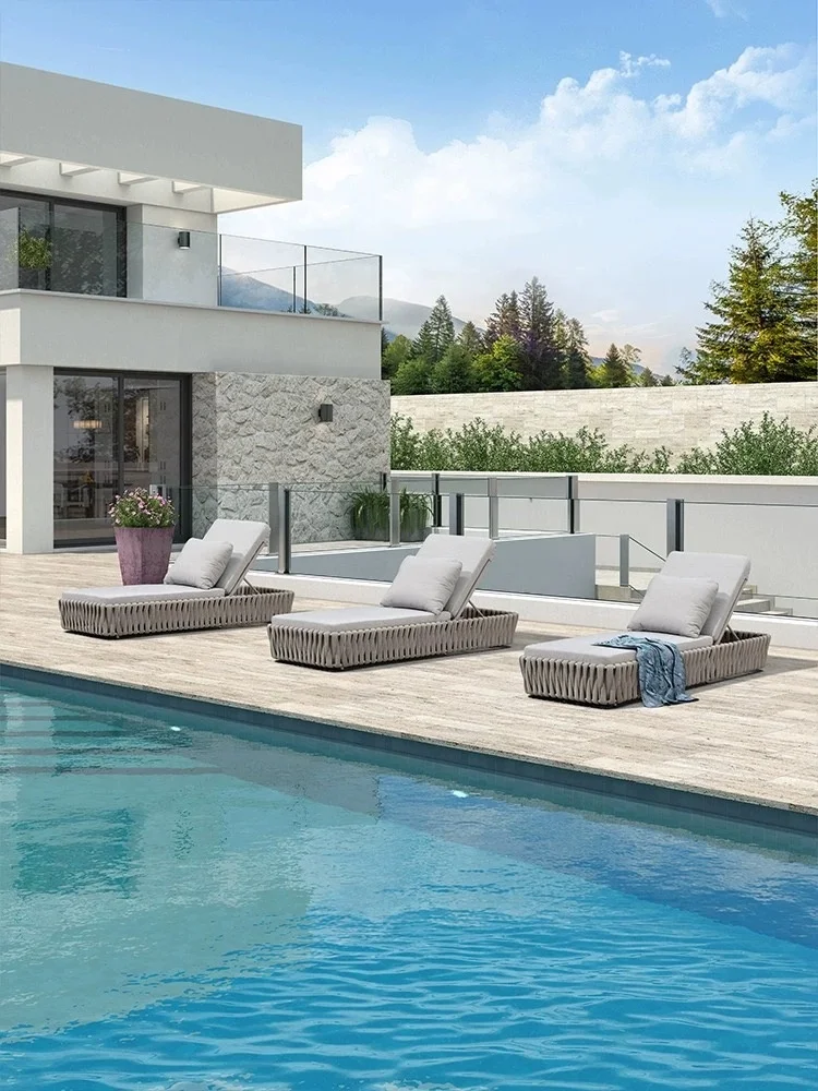 Hotel Villa  Outdoor Sun Lounge Furniture  Rope Wicker  Swimming Pool Sun Bed  Beach Sun Lounger