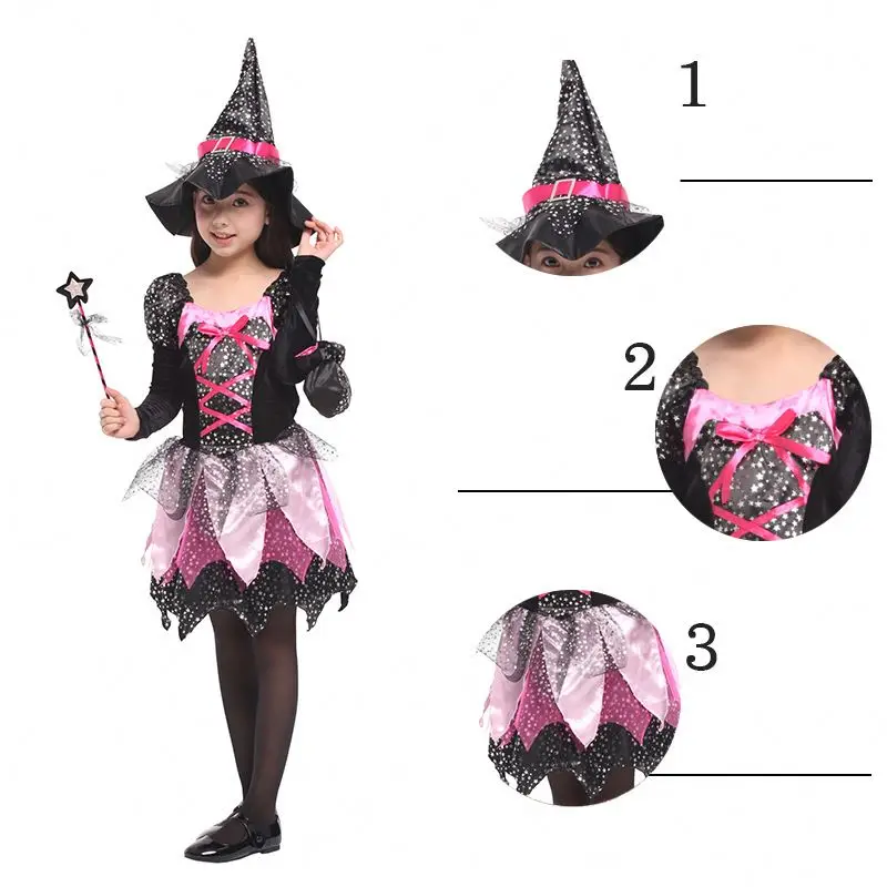 Kid Girls Wand Dress Up Clothes Halloween Witch Costume Sparkly Silver Stars Printed Cosplay Dress With Pointed Hat