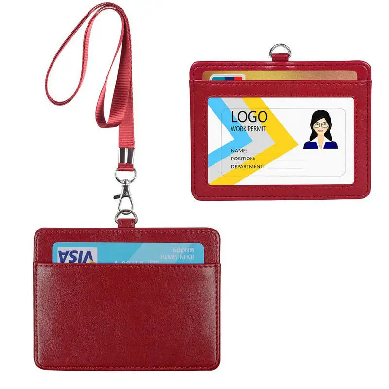 PU Leather ID Tag Working Permit Case for Staff Employee Pass Work Card Cover Badge Holder Sleeve with Lanyard ID Tag Neck Strap