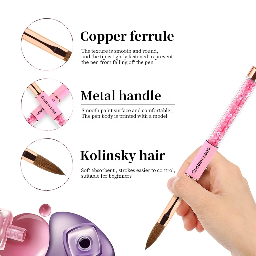 Professional Wholesale Kolinsky Sable Acrylic Brush Pink Custom Handle Acrylic Brush Manicure Acrylic Powder Brushes Extension