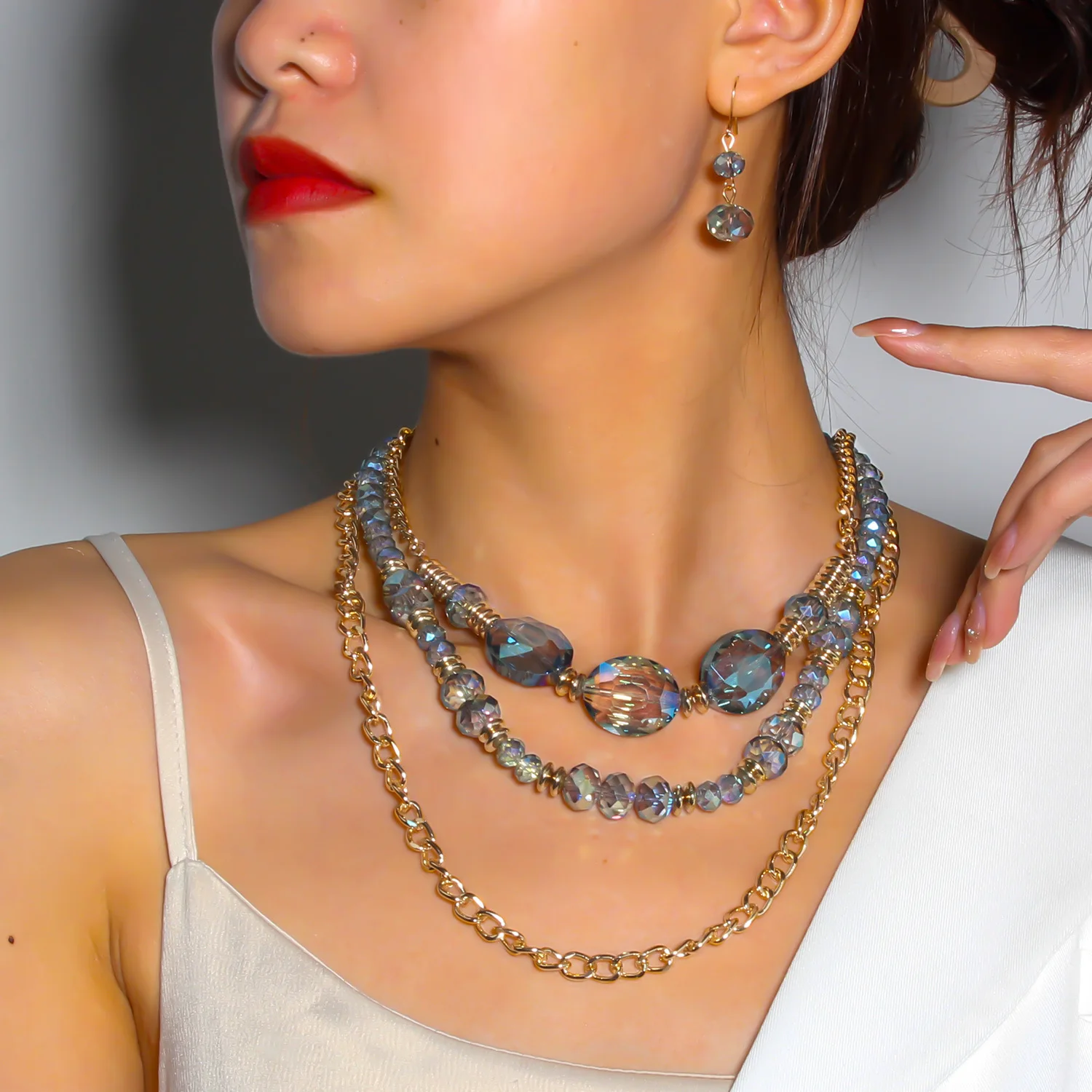 Fashion Design Handmade Glass Beads Jewelry Multi Layered Necklace And Earring Set lux jewelry