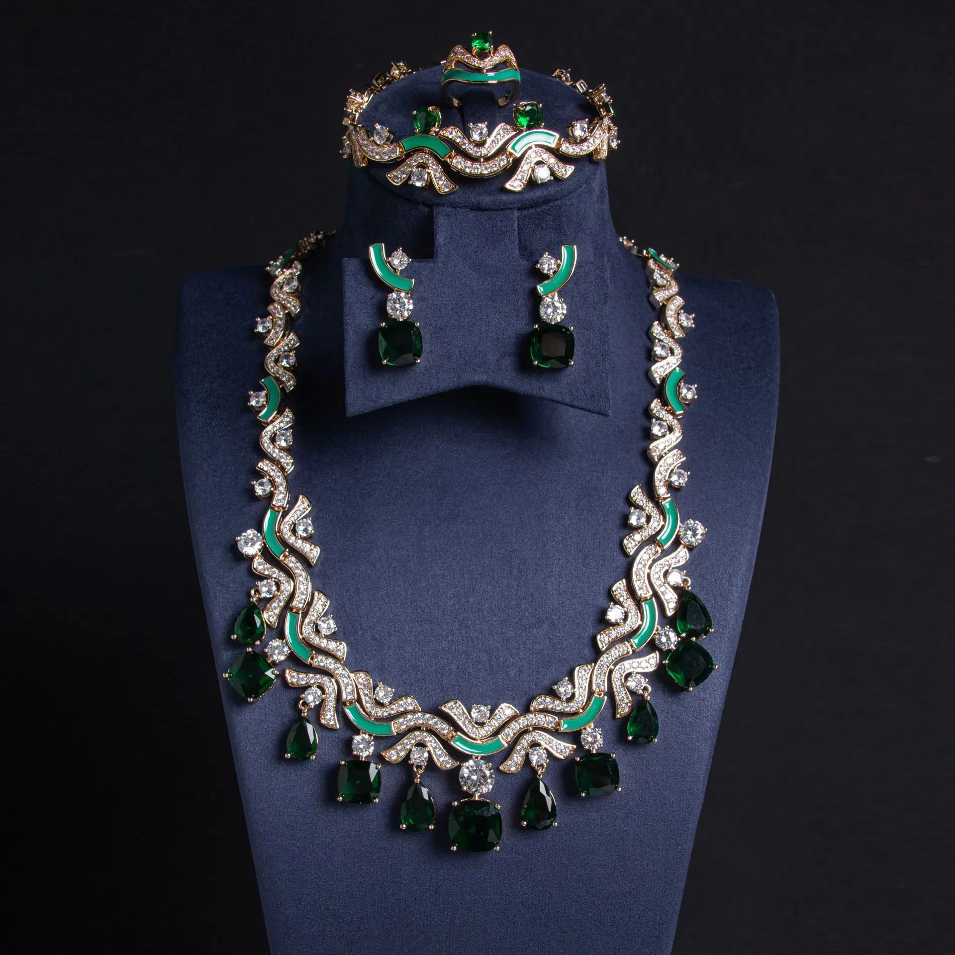 Wholesale Bridal Costume Jewellery Gifts Colorful CZ Diamond 4 Pieces Branches Women Wedding Jewelry Set