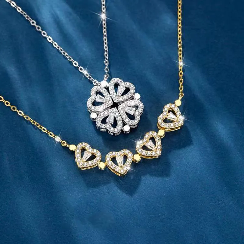 Two Wear Gold Plated Stainless Steel Women Girls Cubic Zircon Love Heart Lucky 4 Four Leaf Clover Necklace