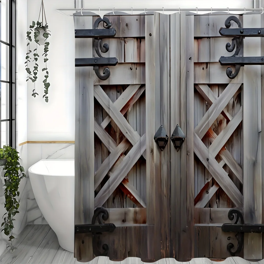 Rustic Charm Meets Functionality: Gray Barn Door Shower Curtain, Vintage Waterproof Fabric