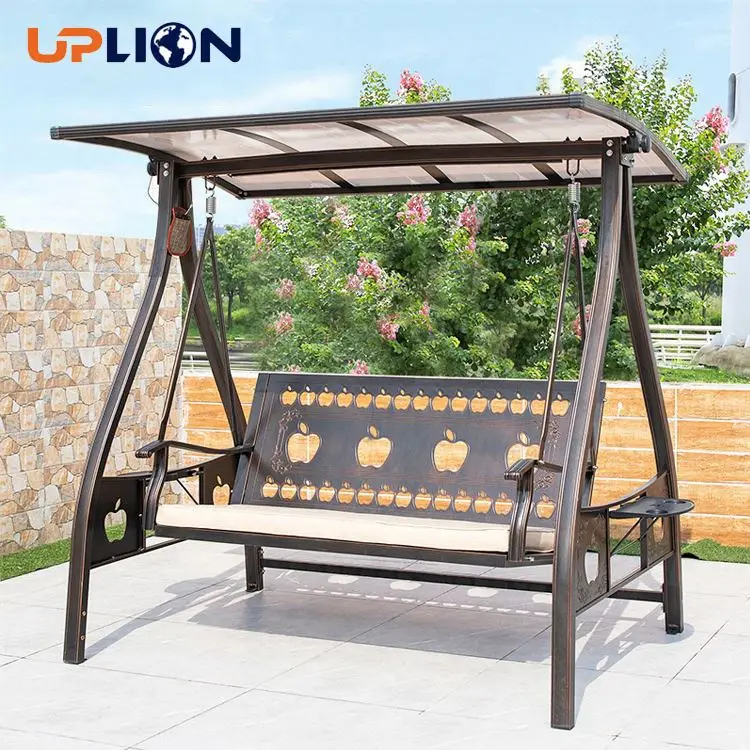 Uplion Swing Chair With Canopy Outdoor 3Person Yard Hammock Swing W/Solar Led Light Bench Patio Swinging Chairs