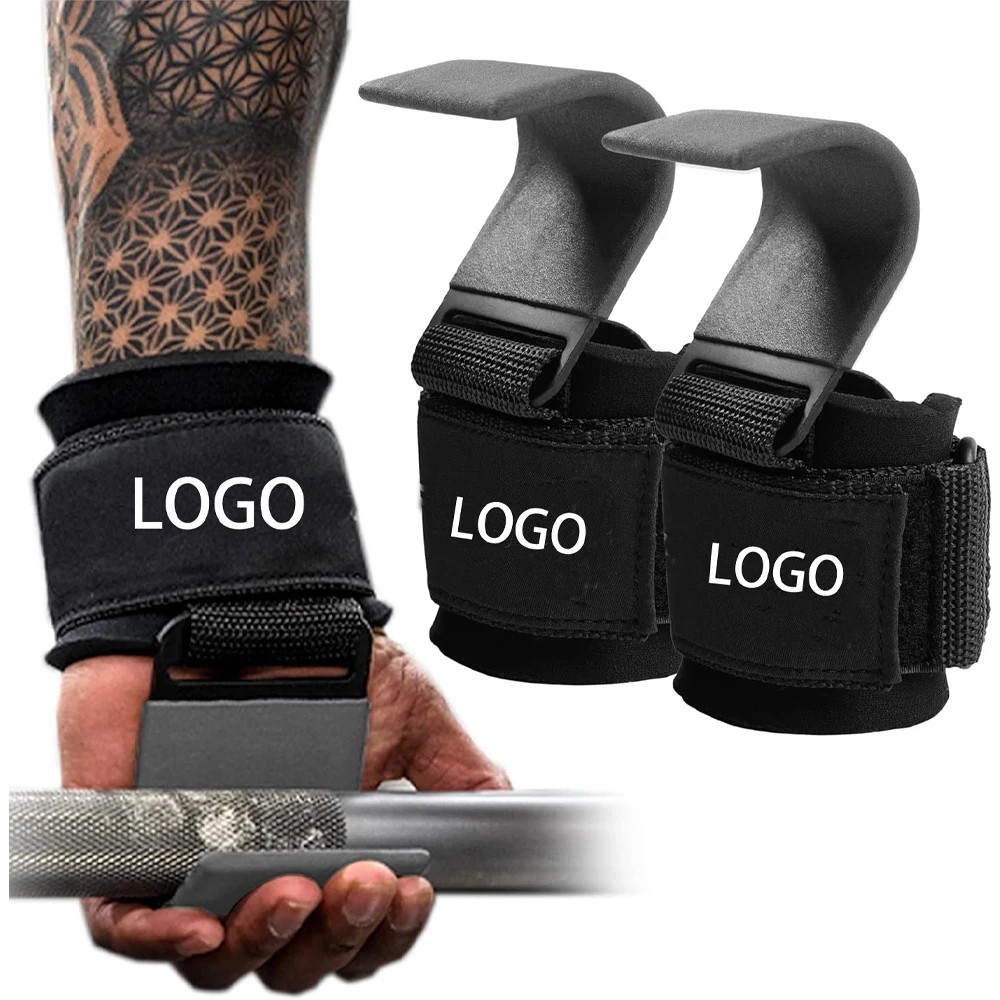 Manufacturer Weight Lifting Pull Up Hooks with Thick Neoprene Wrist Straps Gym Workout Lifting Hooks