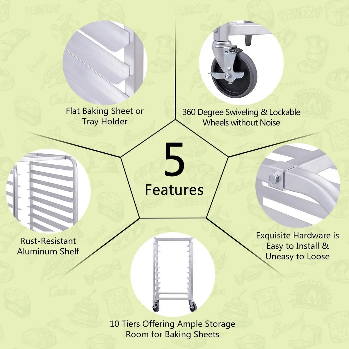 2 Lockable Wheels Bakery Rack 10 Sheet Aluminum Storage Cooling Trolley with Open Shelf for Bakery
