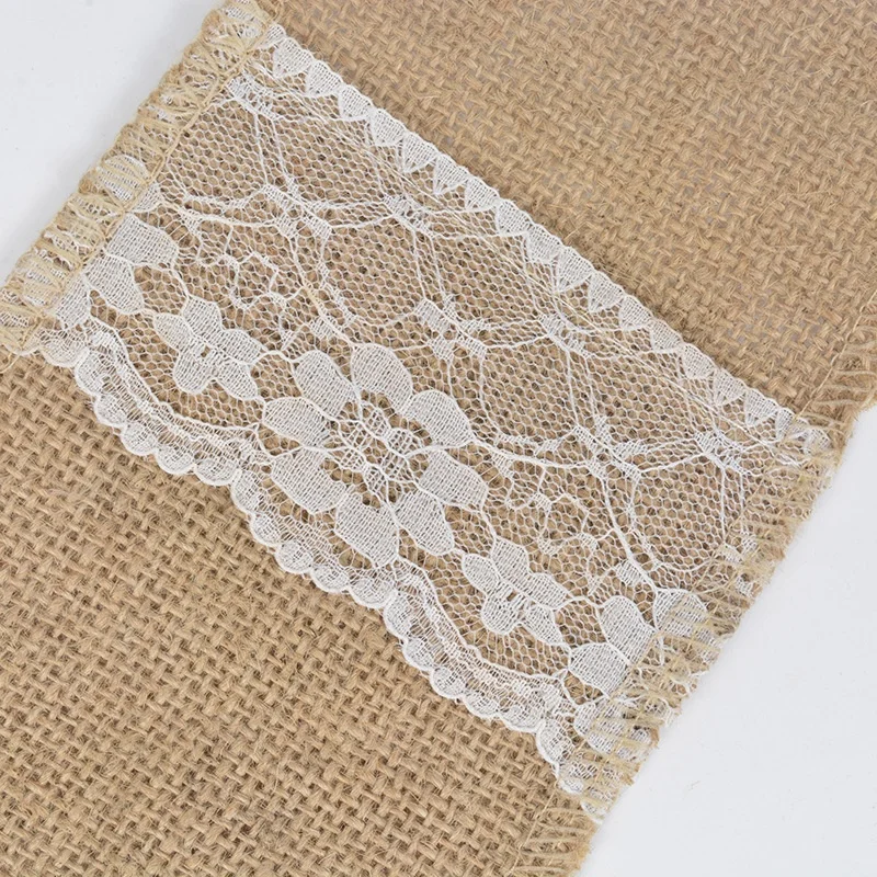 Burlap Lace Cutlery Holders Vintage Rustic Hessian Jute Pocket Knife and Fork Bag for Wedding Party Decoration