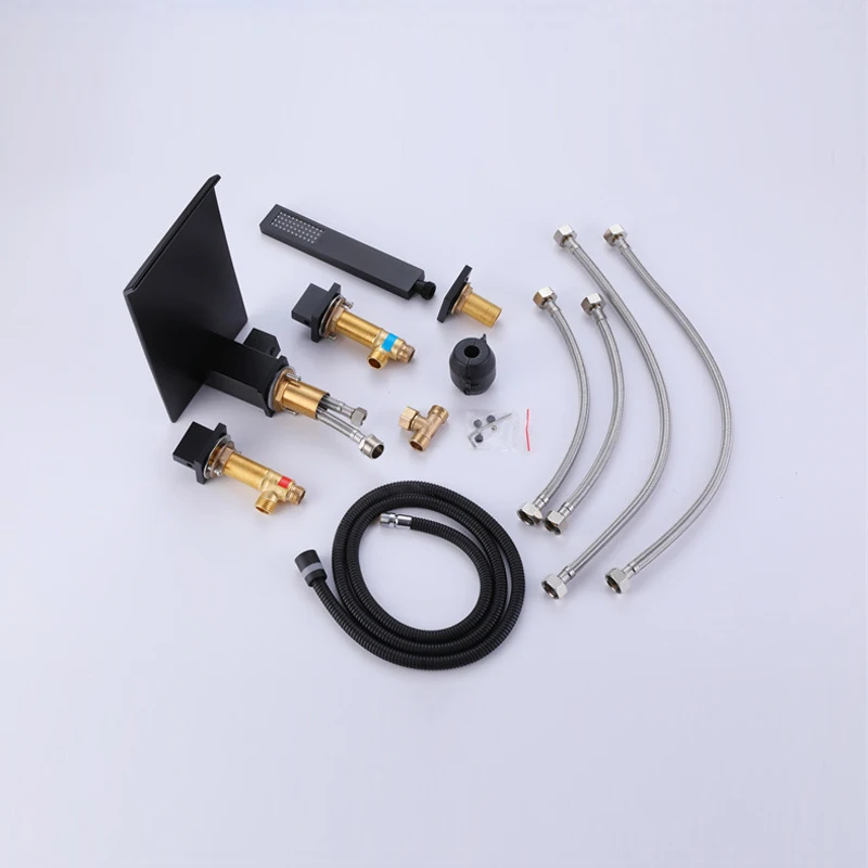 Lusa Wholesale Hot Sales Dual Handle Solid Brass Waterfall Bathroom Tub  4 holes Mouted Mixer with Shower Bathtub Faucet