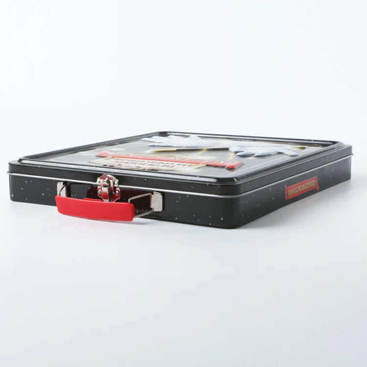 Large rectangle cookie biscuit tin box with handle and lock