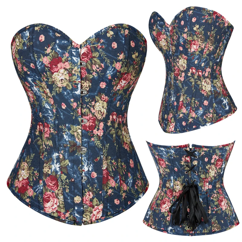 Women Fashion Floral Lace Up Outwear Vintage button Corsets Trim Tummy Control Body Shaper Bustier Tops