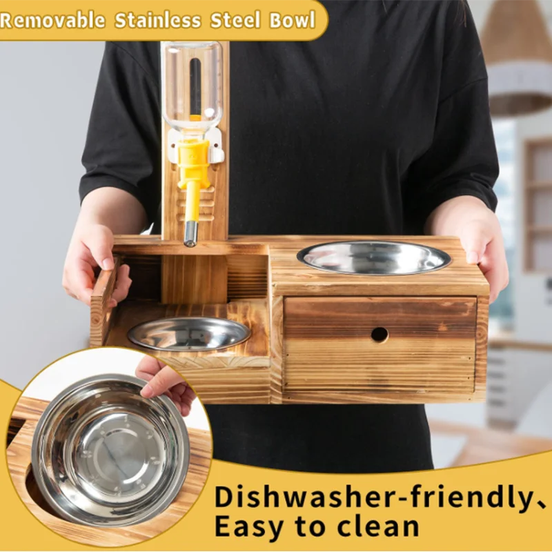 Elevated Dog Bowl Multifunction Wood Elevated Pet Bowl Cat And Dog Food And Water Stand Pet Feeder Bowl Water Bottle