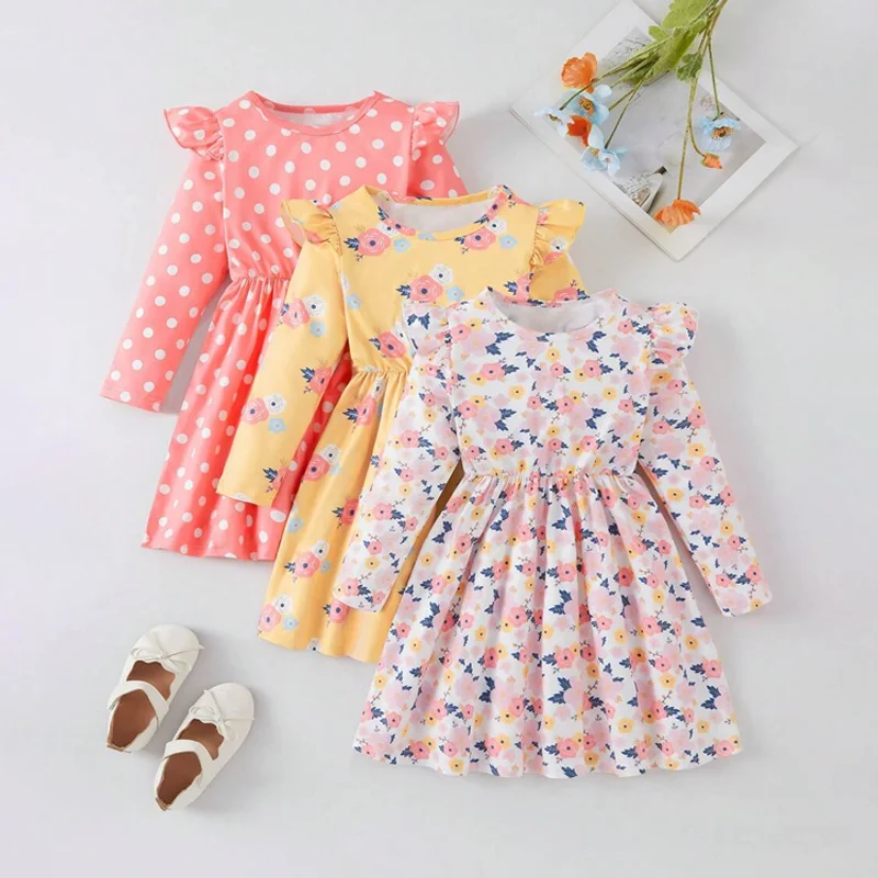 Hot Sale Summer Casual Baby Girl Dress Latest Design with Flower Dot Print Mini Style Children Clothing