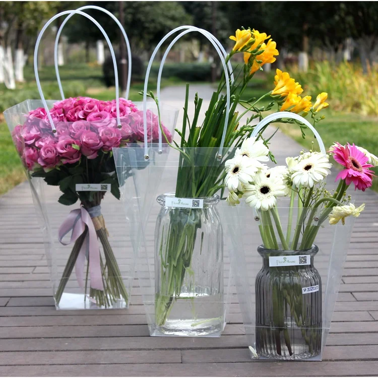 Trapezoidal Waterproof Transparent Plastic PP tote  Flower Gift Bag For Shop Packaging Party Holiday