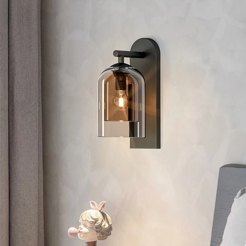 Nordic Simple Creative Bronze Bedroom Bedside Wall Light Aisle Stairs Living Room Amber Glass Wall Lamp