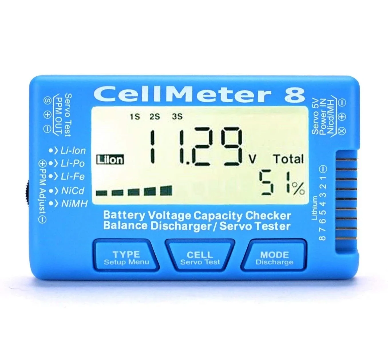 CellMeter-8 Digital Capacity Checker 2-8S LiPo Li-lon NiMH Battery Discharge Tester LCD Display For RC Airplane