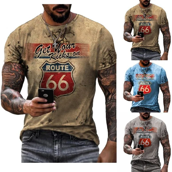 Route 66 Men T Shirts Custom Printing Vintage Short Sleeve Muscle Hipster Tee Shirt Retro Oil Racing Cool Casual Streetwear Tops