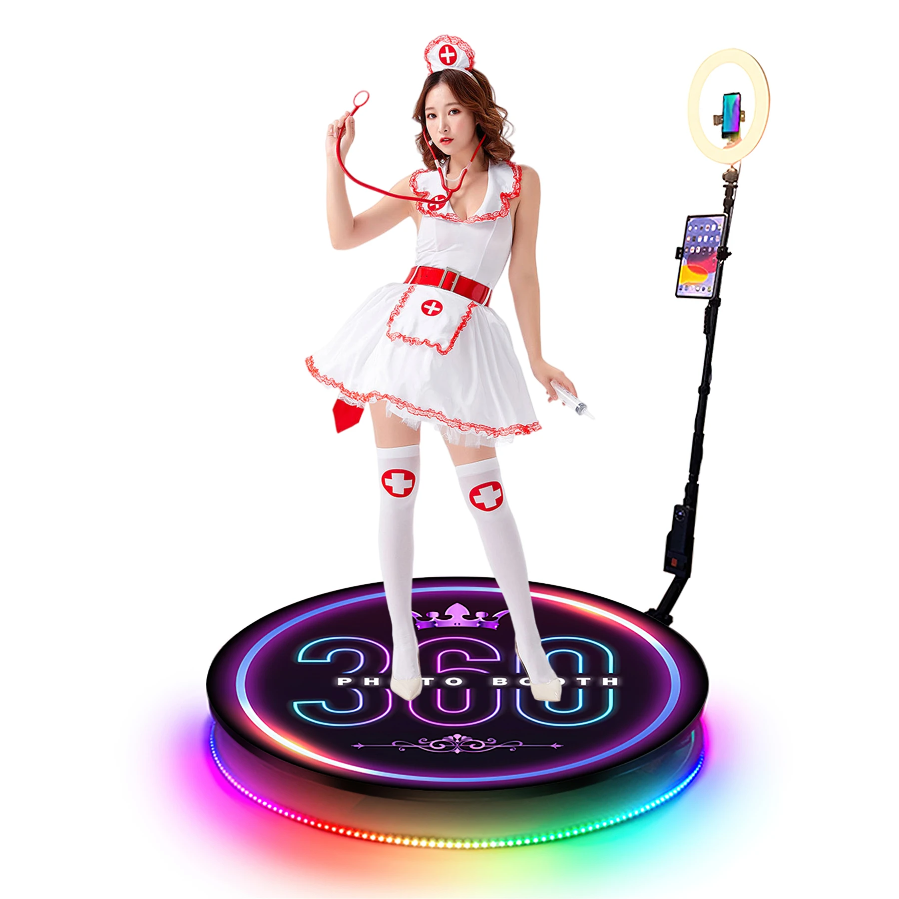 Customized 360 Degree Photo Booth Machine with Bluetooth and Ring Light Compatible with Smartphones and iPad