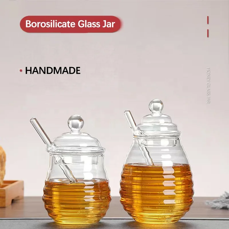 Factory Wholesale High Borosilicate Glass Honey Jar set with Lid and Stirring Rod New Style Glass Jar with Streak Custom Package