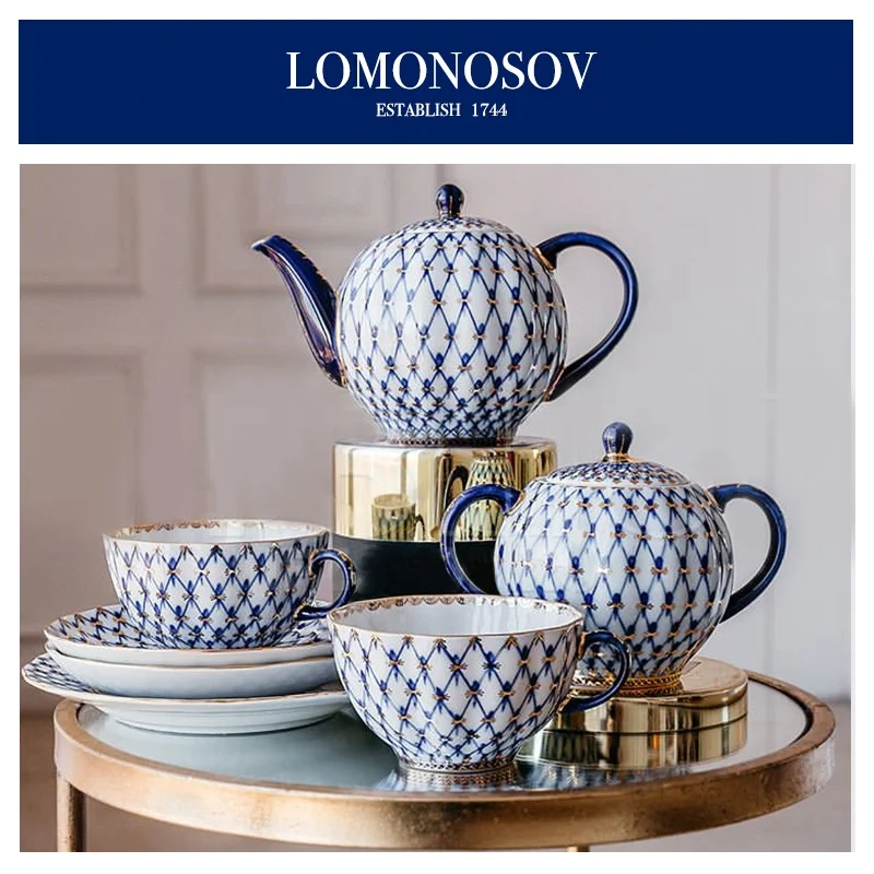 Китайский Королевский фарфоровый чайный сервиз Lomonosov, керамическая кофейная чашка и блюдца, кобальтовая синяя сетка