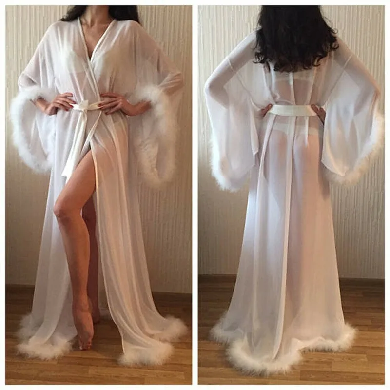Women Sexy Big Robes  Feather Sexy Party Nightdress Hot sexy Transparent long fur lingerie fluffy sexy robes for ladies