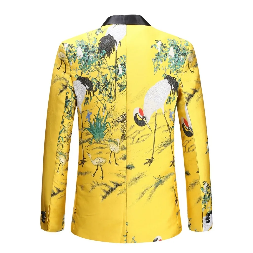 
Mens Fashion Shawl Lapel Jacquard Red-crowned Crane Blazer Gold Yellow Party Singers Costume Wedding Groom Suit Jacket 