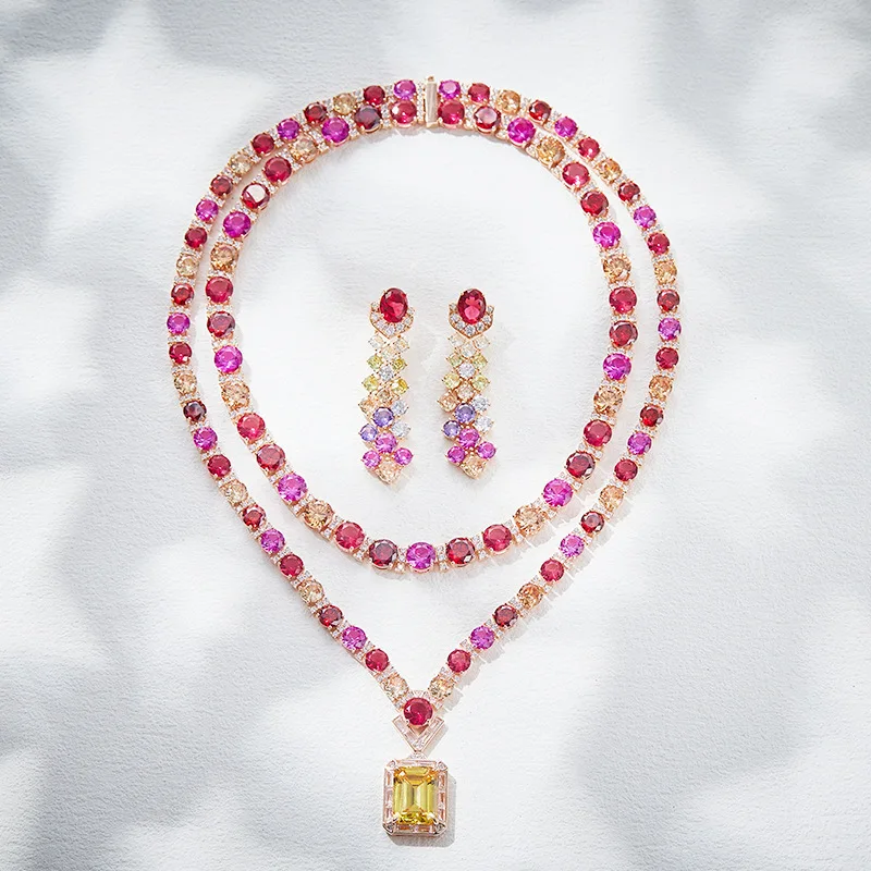 trendy bridal jewellery luxury yellow cz diamond pendant necklace set with earrings for women charm ready to ship