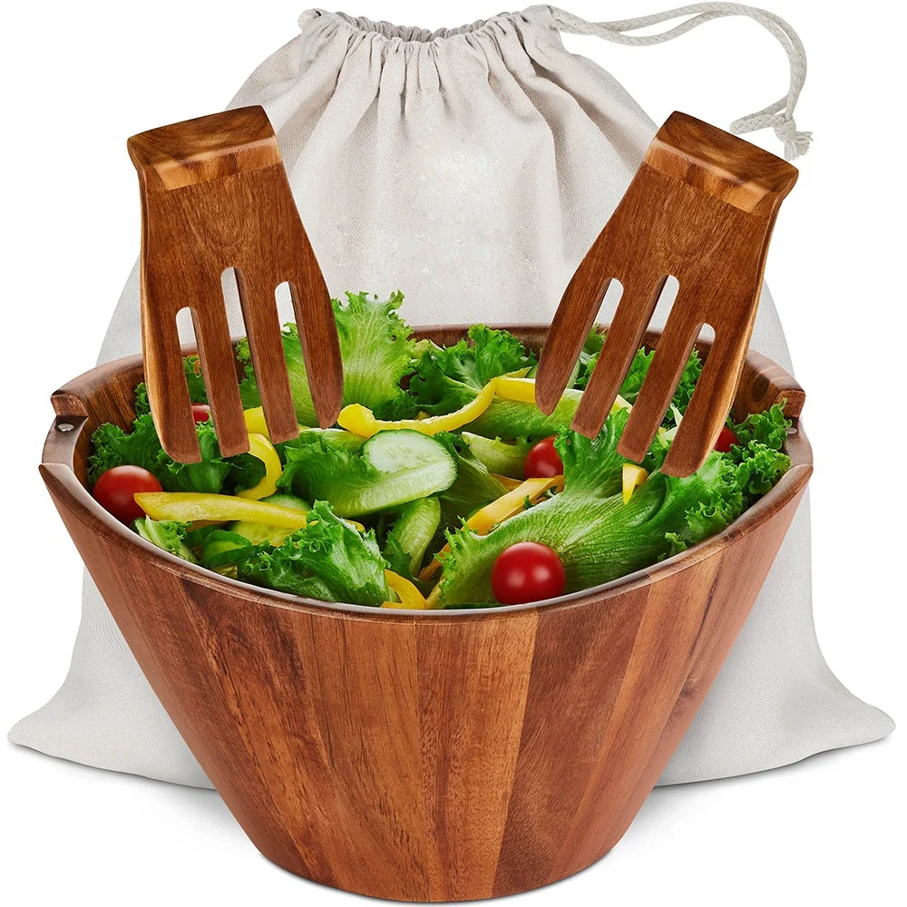 Classic small large thick kitchen wooden vegetable fruit salad mixing bowl wholesale wooden bowl round acacia wood salad bowl