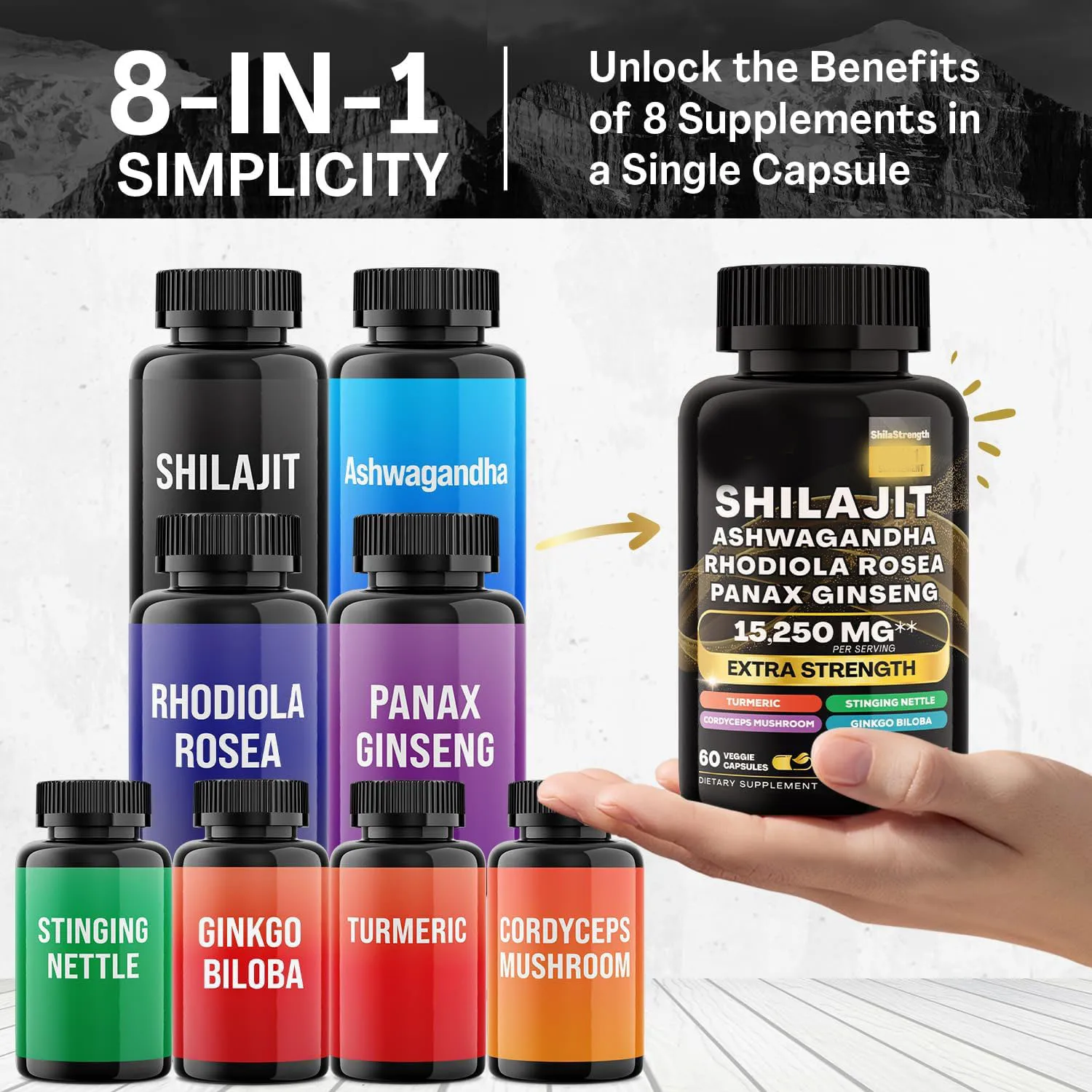 Качественные капсулы Himalayan Shilajit для повышения энергии с добавкой Ashwagandha Rhodiola Rosea Panax женьшеня