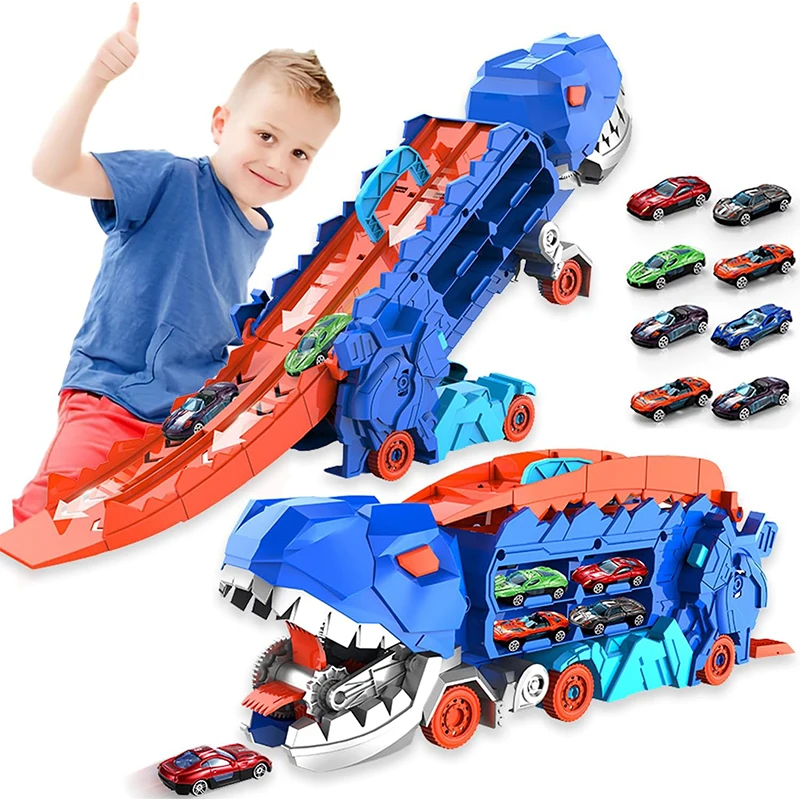 Kids Race Car Track Truck Toys Dinosaur Cars Transport Truck Carrier