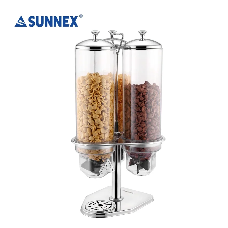 Sunnex Classic Space Saving Rotating Triple Tubes Cereal Dispensers for Hotel Buffet Restaurant Damp-proof Snacks Container