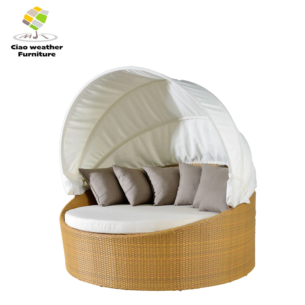 Garden rattan woven round bed with canopy