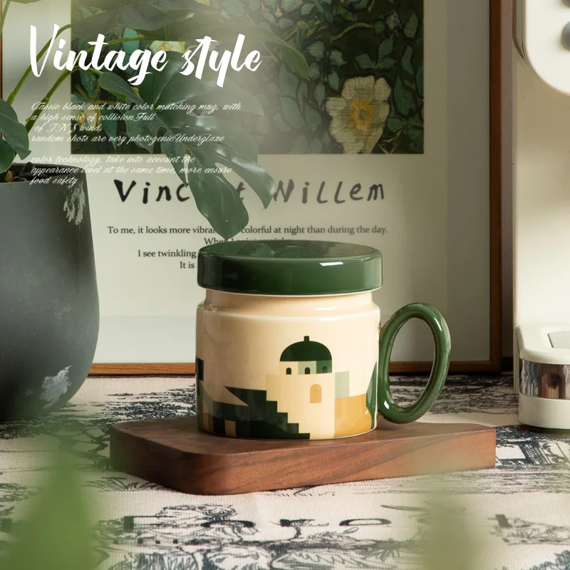 Oasis Series Korean Style Ceramic Coffee Cup with Lid Dustproof for Breakfast Milk High Aesthetic Office Mug