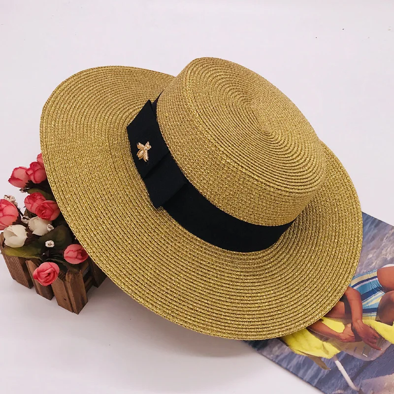 Unisex Summer Straw Women Wide Brim Flat Top Sunhat Sombreros Boater beach hats