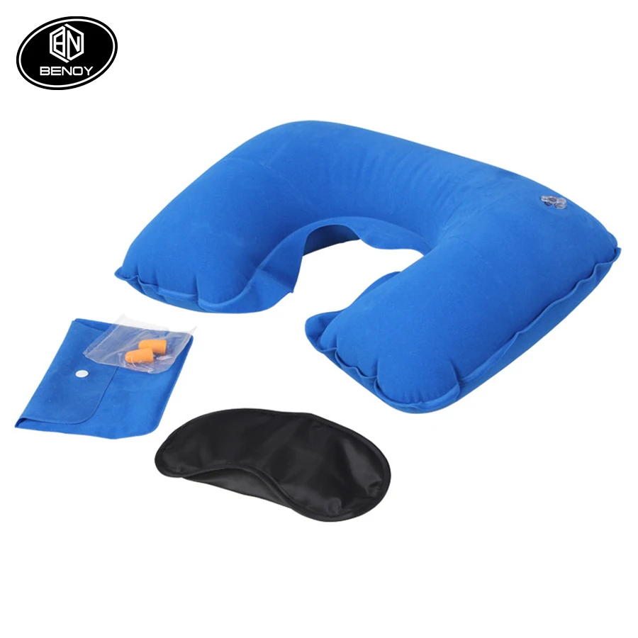 Factory wholesale cheap 3 in 1 airline Travel inflatable neck support pillow sleep eye mask ear plug set kit