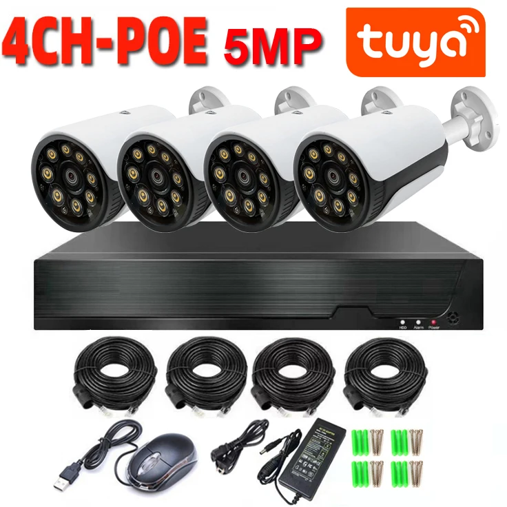 5MP Tuya POE 4CH NVR Security Camera System 8pcs LED Full Color Night Vision Metal Body Bullet Camera Waterproof
