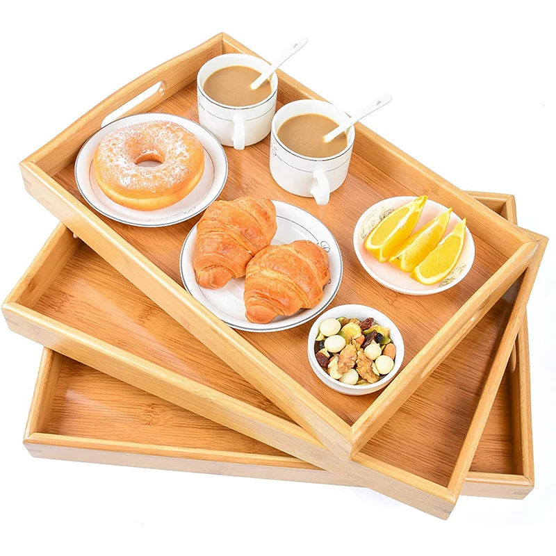 3 Pack Bamboo Serving Tray with Handle Multi-Use Platter Trays Set for Fast Food, Breakfast, Tea Coffee Used in Kitchen, Party