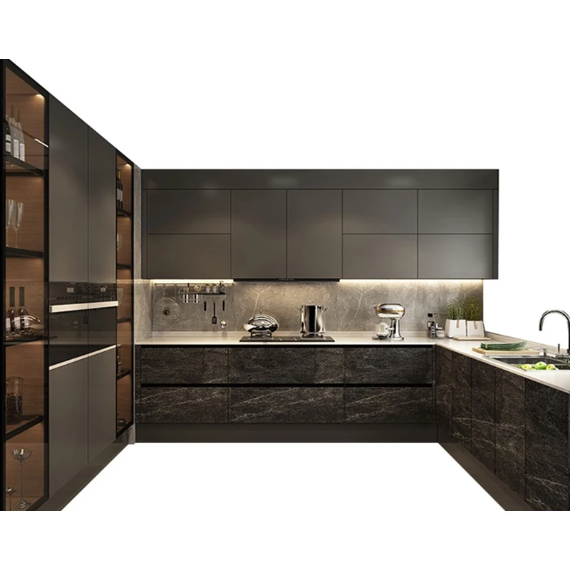 Kejahome European Style Kitchen Glass Cabinet Stainless Steel MDF Kitchen Cabinets Factory Direct with High Quality